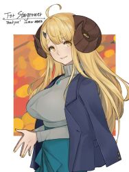 Rule 34 | 1girl, ahoge, anila (granblue fantasy), blonde hair, breasts, commission, draph, eyebrows hidden by hair, formal, granblue fantasy, horns, jewelry, large breasts, masato (mirai koubou), nail polish, sheep horns, skeb commission, solo, suit, sweater, thick eyebrows, yellow eyes