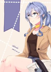 Rule 34 | 1girl, alakoala, alternate costume, bag, blue hair, blush, breasts, brown jacket, brown shirt, cleavage, closed mouth, dated, earrings, eyes visible through hair, glasses, gotland (kancolle), highres, jacket, jewelry, kantai collection, long hair, medium breasts, miniskirt, mole, mole under eye, rimless eyewear, sheep, shirt, sitting, skirt, smile, solo, thighs