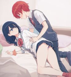 Rule 34 | 1boy, 1girl, ass, bed, bed sheet, bedroom, black hair, black skirt, blue eyes, blush, bow, bowtie, cardigan, closed mouth, collared shirt, couple, feet out of frame, foot out of frame, gridman universe, hand on another&#039;s hip, hibiki yuuta, highres, indoors, legs, long sleeves, looking at another, lying, medium hair, microskirt, mikazuchi zeus, necktie, on bed, on side, orange scrunchie, panties, pantyshot, parted lips, pillow, pleated skirt, red bow, red bowtie, red hair, red necktie, red socks, school uniform, scrunchie, shirt, short hair, short sleeves, skirt, socks, ssss.gridman, sweater, takarada rikka, thighs, underwear, white cardigan, white shirt, white sweater, wing collar, wrist scrunchie