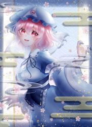 Rule 34 | 1girl, :d, bug, butterfly, frills, hat, highres, insect, japanese clothes, long sleeves, mob cap, neck ribbon, open mouth, pink eyes, pink hair, ribbon, saigyouji yuyuko, short hair, smile, solo, sumishiro 8070, touhou, triangular headpiece, wide sleeves