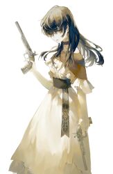 Rule 34 | 1girl, black choker, black hair, choker, commentary request, dress, dual wielding, eunz, frills, gun, handgun, highres, holding, holding gun, holding weapon, korean commentary, long hair, looking at viewer, original, parted lips, revolver, simple background, solo, trigger discipline, weapon, white background, white dress, yellow eyes