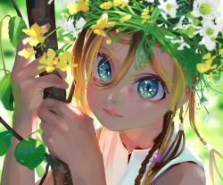 Rule 34 | 1girl, blonde hair, blue eyes, closed mouth, commentary, daisy, eye focus, female focus, flower, hair between eyes, hands up, head wreath, leaf, litra (ltr0312), looking at viewer, original, outdoors, plant, smile, solo, symbol-only commentary, white flower