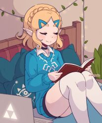 Rule 34 | 1girl, black choker, blonde hair, blue sweater, book, choker, closed eyes, commentary, computer, cremanata, earrings, english commentary, hair ornament, hairclip, highres, holding, holding book, indoors, jewelry, laptop, medium hair, nintendo, on bed, open book, plant, pointy ears, potted plant, princess zelda, sitting, sweater, the legend of zelda, thighhighs, triforce, white thighhighs