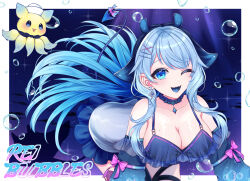 Rule 34 | 1girl, bent over, black hair, blue bow, blue eyes, blue hair, blue tongue, bow, breasts, bubble, character name, collarbone, colored tongue, commentary, earrings, english commentary, fish, hair ornament, highres, hujie, indie virtual youtuber, jewelry, large breasts, long hair, manta ray girl, mole, mole on breast, mole under eye, multicolored hair, one eye closed, pink bow, purple bow, rei stingray, school of fish, star-shaped pupils, star (symbol), symbol-shaped pupils, tail, tail bow, tail ornament, two-tone bow, two-tone hair, virtual youtuber