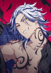 Rule 34 | 1boy, arm up, artist name, bare shoulders, black gloves, black jacket, blue hair, chest tattoo, collarbone, commentary, fang, floral print, gloves, grin, head tilt, hua (supa jopa), jacket, looking at viewer, male focus, multicolored hair, neck tattoo, open clothes, open jacket, parted bangs, pectorals, red background, shiba taiju, sidelocks, slit pupils, smile, solo, streaked hair, tattoo, teeth, tokyo revengers, twitter username, upper body, v-shaped eyebrows, watermark, white hair, yellow eyes