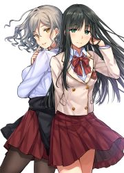 Rule 34 | 2girls, arm behind back, back-to-back, black hair, black legwear, blazer, blush, bow, bowtie, breasts, buttons, closed mouth, clothes around waist, collared shirt, commentary request, cowboy shot, double-breasted, dress shirt, floating hair, green eyes, grey hair, hand in own hair, hand up, head tilt, jacket, jacket around waist, long hair, long sleeves, looking at viewer, looking back, medium breasts, miniskirt, multiple girls, original, pantyhose, pleated skirt, red neckwear, red skirt, shirt, short hair, sidelocks, simple background, skirt, smile, standing, tan (tangent), undershirt, wavy hair, white background, white jacket, white shirt, wind, wing collar, yellow eyes