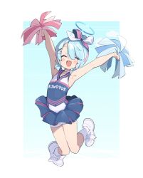 Rule 34 | 1girl, armpits, arms up, arona (blue archive), blue archive, blue hair, blue halo, blue skirt, blush stickers, cheering, cheerleader, choker, ebifried, full body, hair ornament, halo, highres, holding, holding pom poms, official alternate costume, open mouth, pleated skirt, pom pom (cheerleading), pom poms, shoes, short hair, shorts, shorts under skirt, skirt, smile, socks, solo, white choker, white footwear, white shorts, white socks, x hair ornament