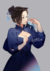 Rule 34 | 1girl, alternate costume, artist name, black dress, breasts, brown eyes, brown hair, cleavage, cleavage cutout, closed mouth, clothing cutout, dated, dress, glasses, hair bun, hair ornament, hair stick, lips, long sleeves, looking afar, looking away, medium breasts, mei (overwatch), overwatch, overwatch 1, peeking, psd, puffy long sleeves, puffy sleeves, red lips, rimless eyewear, robot, round eyewear, short hair, signature, single hair bun, smile, snowball (overwatch), solo, thick eyebrows, upper body