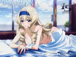 Rule 34 | 10s, 1girl, bed, bed sheet, blonde hair, blue eyes, blush, breasts, cecilia alcott, cloud, copyright name, crease, day, drill hair, hairband, highres, infinite stratos, large breasts, long hair, lying, naked sheet, navel, nude, official art, on bed, pillow, plant, potted plant, scan, sky, solo, window