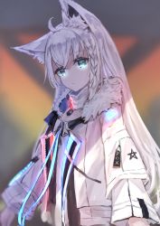 Rule 34 | absurdres, ahoge, animal ears, braid, commentary request, detached collar, dog tags, fox ears, fox girl, green eyes, hair between eyes, head tilt, highres, hololive, jacket, long hair, long sleeves, looking at viewer, open clothes, open jacket, shirakami fubuki, shirakami fubuki (fubukitek), sidelocks, single braid, solo, virtual youtuber, white hair, white jacket, yu hydra
