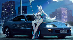 Rule 34 | 1girl, absurdres, blue eyes, blue footwear, blue hair, blue jacket, blue nails, breasts, building, car, closed mouth, colored inner hair, commission, crescent moon, flag, hair between eyes, high heels, highres, holding, holding flag, indie virtual youtuber, jacket, kcar66t, large breasts, leotard, long hair, moon, motor vehicle, multicolored hair, navel, night, night sky, off shoulder, on vehicle, race queen, single thighhigh, sitting, sky, skyscraper, smug alana, thigh strap, thighhighs, vehicle request, virtual youtuber, white hair, white leotard, white sleeves, white thighhighs