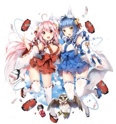 Rule 34 | 2girls, ahoge, animal ear fluff, animal ears, antenna hair, bell, bird, blue hair, blue hakama, bow, breasts, cleavage, cloud, cloudy sky, collar, detached sleeves, doll, duji amo, eyebrows, fang, fox ears, fox shadow puppet, fox tail, hair bell, hair ornament, hair ribbon, hakama, hakama skirt, highres, holding hands, japanese clothes, kitsune, lantern, large breasts, long hair, looking at viewer, m/, mask, medium breasts, miko, multiple girls, open mouth, original, outstretched arm, owl, panties, pantyshot, paper lantern, pink hair, platform clogs, red eyes, red hakama, ribbon, ribbon-trimmed legwear, ribbon-trimmed sleeves, ribbon trim, short hair, skirt, sky, smile, striped clothes, striped panties, tail, thighhighs, underwear, unworn mask, usagihime, water drop, wide sleeves, yellow eyes