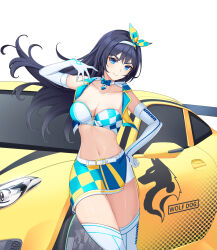 Rule 34 | 1girl, arm up, bandeau, bare shoulders, blue eyes, blue hair, blue shirt, blue skirt, bow, bowtie, breasts, car, choker, cleavage, closed mouth, closers, cowboy shot, crop top, cropped vest, elbow gloves, floating hair, gloves, hairband, highres, large breasts, long hair, looking at viewer, midriff, miniskirt, motor vehicle, navel, non-web source, official art, open clothes, open vest, race queen, race vehicle, racecar, shirt, side slit, skirt, smile, solo, standing, stomach, strapless, thighhighs, thighs, tube top, v-shaped eyebrows, vest, violet (closers), white gloves, white thighhighs, wing collar, yellow vest, zettai ryouiki