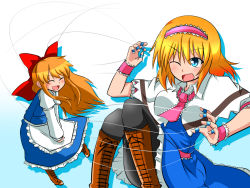Rule 34 | &gt;;d, 1girl, ;d, ^ ^, alice margatroid, apron, arm garter, ascot, bad id, bad pixiv id, black pantyhose, blonde hair, blue dress, blue eyes, blush, boots, bow, brown footwear, capelet, closed eyes, cross-laced footwear, dress, closed eyes, hair bow, hairband, jewelry, juliet sleeves, knees together feet apart, knees up, lace-up boots, lolita hairband, long sleeves, one-hour drawing challenge, one eye closed, open mouth, pantyhose, puffy sleeves, puppet rings, puppet strings, red bow, ring, sash, shanghai doll, short hair, sitting, smile, solo, sumiya nadateru, touhou, v-shaped eyebrows, waist apron, wrist cuffs