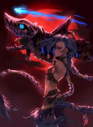 Rule 34 | 1girl, absurdres, arcane: league of legends, arcane jinx, artist name, bare shoulders, belt, blue hair, braid, breasts, brown belt, brown gloves, cloud, coconuthound, crop top, fingerless gloves, from side, gloves, glowing, glowing eye, highres, jinx (league of legends), league of legends, long hair, moon, pants, red background, red moon, red sky, rocket launcher, sharp teeth, sky, small breasts, solo, striped clothes, striped pants, tears, teeth, twin braids, very long hair, weapon