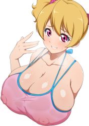 Rule 34 | 1girl, blush, breasts, cleavage, covered erect nipples, fresh precure!, highres, huge breasts, impossible clothes, jabara tornado, long hair, looking at viewer, momozono love, pink eyes, precure, shiny skin, simple background, smile, solo, sweat, tank top, white background