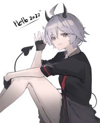 Rule 34 | 1girl, 2022, absurdres, ahoge, black gloves, black shirt, black skirt, blue archive, closed mouth, collared shirt, commentary, demon tail, english commentary, fingerless gloves, from side, gloves, grey hair, hair between eyes, hand up, heart, highres, horns, knees up, light smile, living doll, long sleeves, looking at viewer, necktie, pink eyes, pleated skirt, red necktie, sensei (blue archive), shirt, short hair, simple background, sitting, skirt, solo, tail, white background