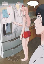 Rule 34 | ..., 1boy, 1girl, annoyed, barefoot, black hair, cabinet, chainsaw man, giganticbuddha, hayakawa aki, highres, horns, letter, long hair, looking at another, magnet, microwave, notes, pink hair, power (chainsaw man), pressing, puddle, red eyes, red horns, refrigerator, refrigerator magnet, shirt, short hair, shorts, sweat, tank top, water, white shirt, white tank top