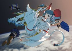 Rule 34 | 1girl, 2020, astronaut, black eyes, blue hair, chinese zodiac, earth (planet), floating, full body, hammer, hand fan, holding, japanese clothes, japanese flag, kimono, knees up, legs together, long sleeves, mask, match (idleslumber), mouse tail, mushroom, new year, original, planet, short hair, smile, socks, solo, space, spacesuit, tabi, tail, unworn mask, white socks, wide sleeves, year of the rat