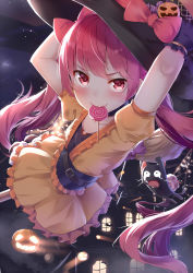 Rule 34 | &gt;:), 1girl, alexmaster, belt, bow, broom, candy, cat, flat chest, food, food-themed hair ornament, hair ornament, halloween, hat, highres, jack-o&#039;-lantern, lollipop, long hair, looking at viewer, night, original, pink bow, pink eyes, pink hair, pumpkin, pumpkin hair ornament, solo, v-shaped eyebrows, witch hat