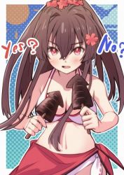 Rule 34 | 1girl, bikini, breasts, brown hair, cherry blossoms, cleavage, commentary request, cowboy shot, flower, fried squid, hair flower, hair ornament, kantai collection, large breasts, long hair, looking at viewer, ponytail, red eyes, red sarong, sanninme no haru, sarong, solo, swimsuit, white bikini, yamato (kancolle)