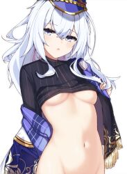 Rule 34 | 1girl, black shirt, blue eyes, blue headwear, breasts, clothes lift, girls&#039; frontline, girls&#039; frontline neural cloud, grey hair, highres, lancer (worudrleh1), long hair, looking at viewer, medium breasts, navel, no bra, open clothes, open mouth, out-of-frame censoring, revision, shirt, shirt lift, solo, stomach, striped clothes, striped shirt, triangle mouth, underboob, undine (neural cloud), upper body, vertical-striped clothes, vertical-striped shirt