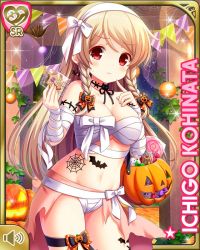 Rule 34 | 1girl, bedroom, black bow, blonde hair, bow, breasts, candy, card, character name, cleavage, closed mouth, food, girlfriend (kari), hair ornament, hairclip, halloween, halloween costume, indoors, kohinata ichigo, long hair, midriff, mummy costume, navel, night, official art, pumpkin, qp:flapper, red eyes, standing, tagme, white bandages