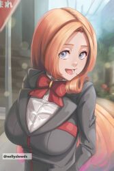 Rule 34 | 1girl, absurdres, arms behind back, artist name, bleach, bow, bowtie, breasts, eyelashes, grey eyes, grey jacket, hair over shoulder, head tilt, highres, inoue orihime, jacket, large breasts, light blush, lips, long hair, looking at viewer, lower teeth only, nellyslewds, nose, open mouth, orange hair, outdoors, parted bangs, red bow, red bowtie, school uniform, shirt, smile, solo, standing, straight hair, teeth, tongue, uniform, very long hair, white shirt