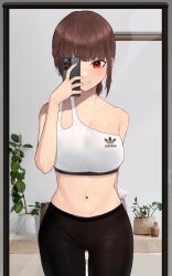Rule 34 | 1girl, absurdres, arm behind back, black pants, braid, breasts, brown hair, cellphone, cowboy shot, crop top, eungi, flower, flower pot, highres, holding, holding phone, medium breasts, midriff, navel, original, pants, phone, pink nails, red eyes, selfie, short hair, smartphone, solo, triangle mouth, yoga pants