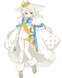 Rule 34 | 1girl, animal ear fluff, animal ears, ascot, asymmetrical legwear, bacheally, bare arms, bare legs, bare shoulders, bell, blue bow, blue ribbon, boots, bow, bowtie, brown footwear, child, coat, coat on shoulders, crown, dress, facing ahead, foot up, fox ears, fox girl, fox tail, full body, fur-trimmed boots, fur-trimmed coat, fur trim, grey hair, hair between eyes, hair bow, hair ornament, hair ribbon, hair scrunchie, high collar, knee blush, knees together feet apart, large ears, large tail, long hair, long sleeves, looking at viewer, low twintails, original, red eyes, ribbon, sakurada shiro (hy plus), sash, scrunchie, shoulder sash, simple background, single bare leg, sleeves past fingers, sleeves past wrists, socks, solo, standing, star (symbol), star print, tail, thighhighs, tiptoes, twintails, uneven legwear, unitard, vertical-striped sash, very long hair, white background, white coat, white hair, white socks, white thighhighs, white unitard