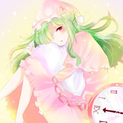 Rule 34 | :o, absurdres, chain, curled fingers, gradient background, green hair, hair over one eye, hat, head on pillow, highres, kazami yuuka, kazami yuuka (pc-98), knees up, light particles, long hair, long sleeves, looking at viewer, nightcap, nightgown, hugging object, pillow, pillow hug, pocket watch, red eyes, ria (917 ria), roman numeral, signature, touhou, touhou (pc-98), watch