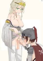 Rule 34 | 2girls, absurdres, areola slip, armor, breasts, brown hair, cape, closed mouth, cock ring, detached sleeves, diadem, dress, earrings, erection, futa with female, futanari, green eyes, grey dress, helmet, highres, holding, holding sword, holding weapon, jewelry, kissing penis, knight, large breasts, large penis, light brown hair, long hair, long sleeves, multiple girls, original, pendant, penis, queen, red cape, sagging testicles, sex toy, short hair, shoulder armor, smile, straysecond, stud earrings, sword, testicles, thighhighs, uncensored, weapon, white thighhighs, wide sleeves