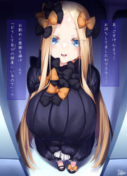 Rule 34 | 1girl, abigail williams (fate), aged up, alternate breast size, black bow, black dress, blonde hair, blue eyes, bow, breasts, commentary request, dark room, dress, eyelashes, fate/grand order, fate (series), forehead, hair bow, highres, huge breasts, long hair, long sleeves, looking at viewer, multiple hair bows, orange bow, polka dot, polka dot bow, shoes, sleeves past fingers, sleeves past wrists, solo, translation request, very long hair, watosu