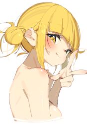 Rule 34 | 1girl, :q, absurdres, blonde hair, blunt bangs, blush, boku no hero academia, breasts, closed mouth, completely nude, fingernails, hair bun, highres, looking at viewer, medium breasts, nude, rasusurasu, short hair, sidelocks, smile, solo, toga himiko, tongue, tongue out, upper body, w, yellow eyes