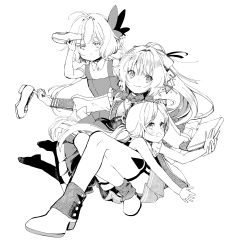 Rule 34 | 3girls, absurdres, aoi sakurako, blush, book, butterfly hair ornament, closed mouth, collared shirt, dress, greyscale, hair ornament, highres, holding, holding clothes, holding footwear, holding shoes, long hair, long sleeves, looking at viewer, monochrome, multiple girls, necktie, no shoes, open mouth, original, pleated skirt, ponytail, puffy long sleeves, puffy short sleeves, puffy sleeves, shirt, shoes, short sleeves, simple background, skirt, sleeveless, sleeveless dress, smile, socks, very long hair, wavy mouth, white background