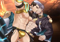 Rule 34 | 2boys, abs, abs cutout, bara, bare pectorals, black hair, black shirt, bulge, cleavage cutout, clothing cutout, commission, couple, crotchless, crotchless pants, earrings, closed eyes, facial hair, goatee, green eyes, gyee, hand on another&#039;s shoulder, highres, jewelry, kienbiu, kiss, large pectorals, long sideburns, male focus, multicolored hair, multiple boys, muscular, navel, nipples, pectorals, purple hair, revealing clothes, second-party source, shirt, short hair, shrug (clothing), sideburns, skin tight, spread legs, su (gyee), thick thighs, thigh cutout, thighs, two-tone hair, yan (gyee), yaoi