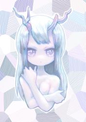 Rule 34 | 1girl, ashitano kirin, blue hair, breasts, character request, copyright request, covering privates, covering breasts, crossed arms, horns, long hair, no eyebrows, no nose, portrait, small breasts, solo, topless, white hair