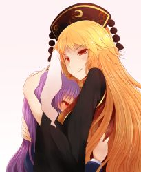 Rule 34 | 2girls, animal ears, arano oki, black dress, blazer, blonde hair, blush, chinese clothes, closed mouth, commentary request, dress, jacket, junko (touhou), long hair, long sleeves, multiple girls, purple hair, rabbit ears, red eyes, reisen udongein inaba, simple background, smile, tabard, tassel, touhou, upper body, very long hair, white background, wide sleeves, yuri
