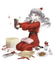 Rule 34 | 1girl, bonesaw, book, bottle, cookie, fear &amp; hunger, fear &amp; hunger 2: termina, food, gift, grey eyes, grey hair, hat, highres, holding, holding book, lilio, looking at object, marina (fear &amp; hunger), mole, mole under mouth, mouth piercing, pinecone, santa hat, saw, short twintails, solo, twintails, white background