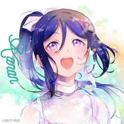 Rule 34 | 1girl, artist name, artist request, blue hair, blush, bow, breasts, collarbone, collared dress, dress, earrings, feather earrings, feathers, female focus, floating hair, hair between eyes, hair bow, high ponytail, jewelry, long hair, looking at viewer, love live!, love live! school idol festival, love live! sunshine!!, lowres, matsuura kanan, open mouth, parted lips, plaid, plaid dress, pleated, pleated dress, ponytail, purple eyes, smile, solo, the story of feather (love live!), wavy hair, white bow, white dress
