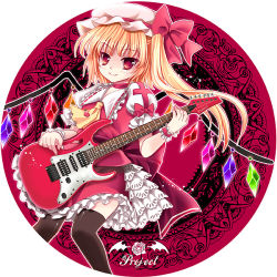 1girl blonde_hair circle female_focus flandre_scarlet guitar hat instrument mob_cap red_eyes solo sumomo_(artist) sumomo_(seacan) thighhighs touhou white_hat