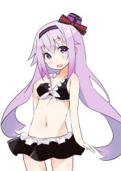 Rule 34 | .live, 1girl, bikini, black bikini, blush, bow, carro pino, commentary, frilled bikini, frills, hair bow, hairband, hat, highres, long hair, looking at viewer, mini hat, navel, open mouth, purple eyes, purple hair, shirogane (platinum), simple background, sketch, smile, solo, standing, swimsuit, very long hair, virtual youtuber, white background