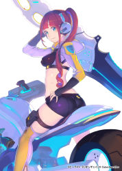 Rule 34 | 1girl, ass, blue eyes, breasts, brown hair, covered erect nipples, crop top, enkyo yuuichirou, hand on own hip, headphones, holding, holding sword, holding weapon, long hair, looking at viewer, looking back, midriff, million chain, motor vehicle, motorcycle, official art, over shoulder, shiny skin, short shorts, shorts, side ponytail, simple background, sitting, skindentation, sleeves past wrists, small breasts, smile, solo, sword, sword over shoulder, thighhighs, vehicle, weapon, weapon over shoulder, white background