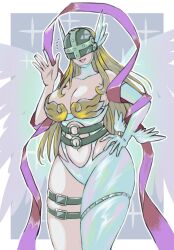 Rule 34 | 1girl, angel, angel wings, angewomon, belt, breasts, covered eyes, digimon, female focus, hand on own hip, helmet, large breasts, lipstick, looking at viewer, makeup, mas square, navel, smile, solo, thick thighs, thigh belt, thigh strap, thighs, winged helmet, wings