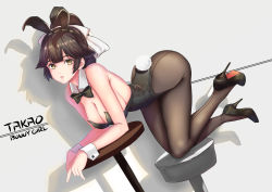 Rule 34 | 1girl, absurdres, animal ears, ass, azur lane, black bow, black bowtie, black hair, black leotard, black pantyhose, bow, bowtie, breasts, brown eyes, character name, cleavage, detached collar, fake animal ears, full body, hair bow, hair flaps, hawood, high heels, highres, large breasts, leotard, long hair, pantyhose, playboy bunny, ponytail, pumps, rabbit ears, rabbit girl, rabbit tail, shoes, solo, stiletto heels, stool, strapless, strapless leotard, table, tail, takao (azur lane), thighs, white bow, wrist cuffs