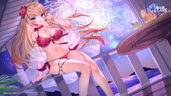 Rule 34 | 1girl, absurdres, aqua eyes, arm support, armlet, azur lane, bikini, blonde hair, blush, bracelet, breasts, choker, cleavage, collarbone, commentary request, copyright name, cup, drinking straw, fireworks, flower, hair flower, hair ornament, hand up, hibiscus, highres, howe (azur lane), jewelry, large breasts, logo, long hair, looking at viewer, makeup, navel, night, night sky, o-ring, o-ring bikini, ocean, official art, outdoors, see-through, simple background, sitting, sky, smile, star (sky), starry sky, stomach, swimsuit, table, thigh strap, thighs, tropical drink, tsunakawa, water
