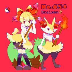 Rule 34 | 1girl, animal ear fluff, animal nose, bad id, bad pixiv id, black footwear, bloomers, bow, braixen, character name, creatures (company), dress, fire, full body, furry, furry female, game freak, gen 6 pokemon, hair bow, holding, holding stick, holding torch, jewelry, looking at viewer, moemon, narumame, necklace, nintendo, personification, poke ball, poke ball (basic), pokedex number, pokemon, pokemon (creature), pokemon tail, red background, red eyes, simple background, smile, snout, stick, tail, torch, underwear, yellow dress