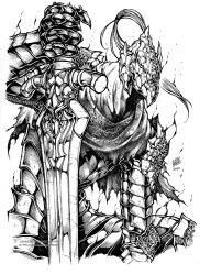 Rule 34 | 1boy, armor, artorias the abysswalker, aura, chainmail, dark aura, dark souls (series), dark souls i, dated, gauntlets, greyscale, hatching (texture), helmet, highres, holding, holding sword, holding weapon, male focus, monochrome, pauldrons, shinbross, shoulder armor, signature, simple background, sketch, solo, sword, torn, torn clothes, vambraces, watermark, weapon, white background