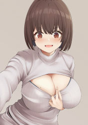 Rule 34 | 1girl, absurdres, blush, bob cut, breasts, brown background, brown eyes, brown hair, cleavage, clothes pull, highres, large breasts, long sleeves, looking at viewer, meme attire, mole, mole on breast, neneneji, open-chest sweater, open mouth, original, ribbed sweater, short hair, simple background, solo, sweatdrop, sweater, sweater pull, turtleneck, turtleneck sweater, upper body