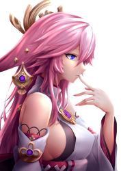 Rule 34 | 1girl, animal ears, commentary request, detached sleeves, earrings, finger to mouth, fox ears, from side, genshin impact, hair between eyes, hair ornament, highres, jewelry, lips, long hair, looking afar, looking at viewer, looking away, necklace, nontraditional miko, pink hair, purple eyes, ribbon-trimmed sleeves, ribbon trim, royboy, sidelocks, solo, vision (genshin impact), white background, yae miko